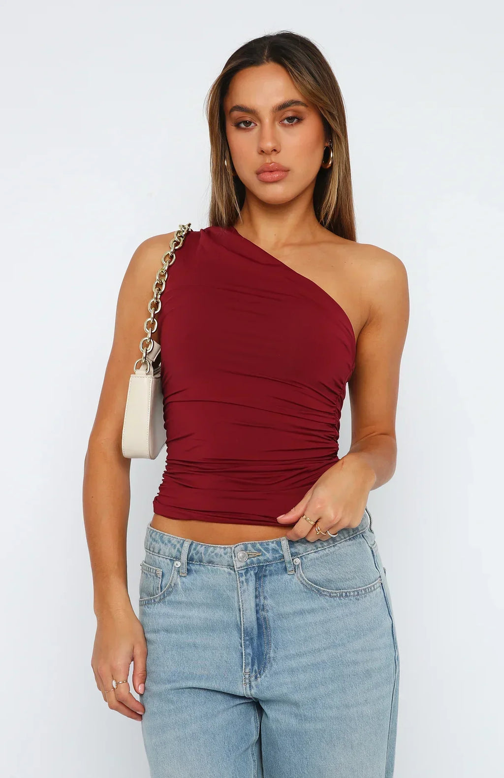 One Shoulder Ruched Burgundy Crop Top