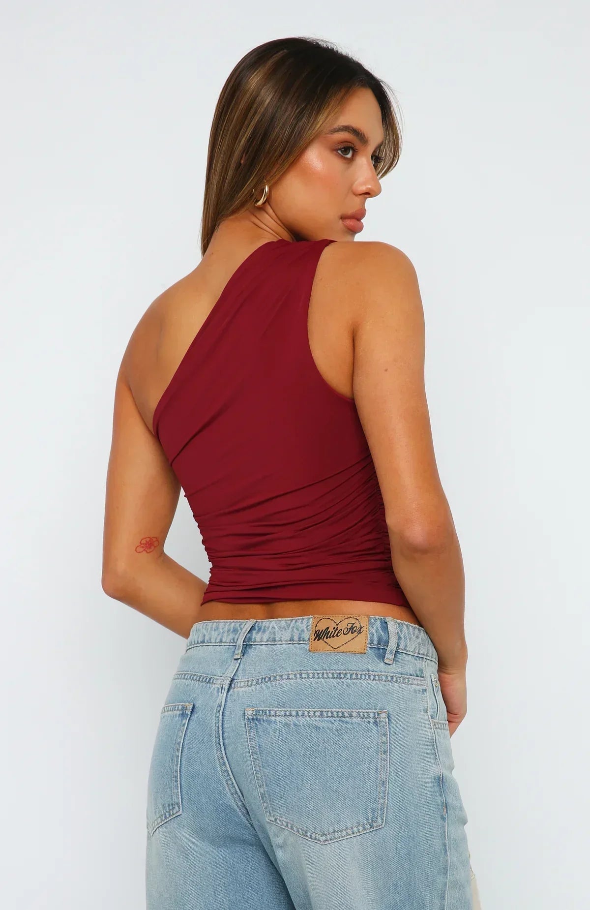 One Shoulder Ruched Burgundy Crop Top