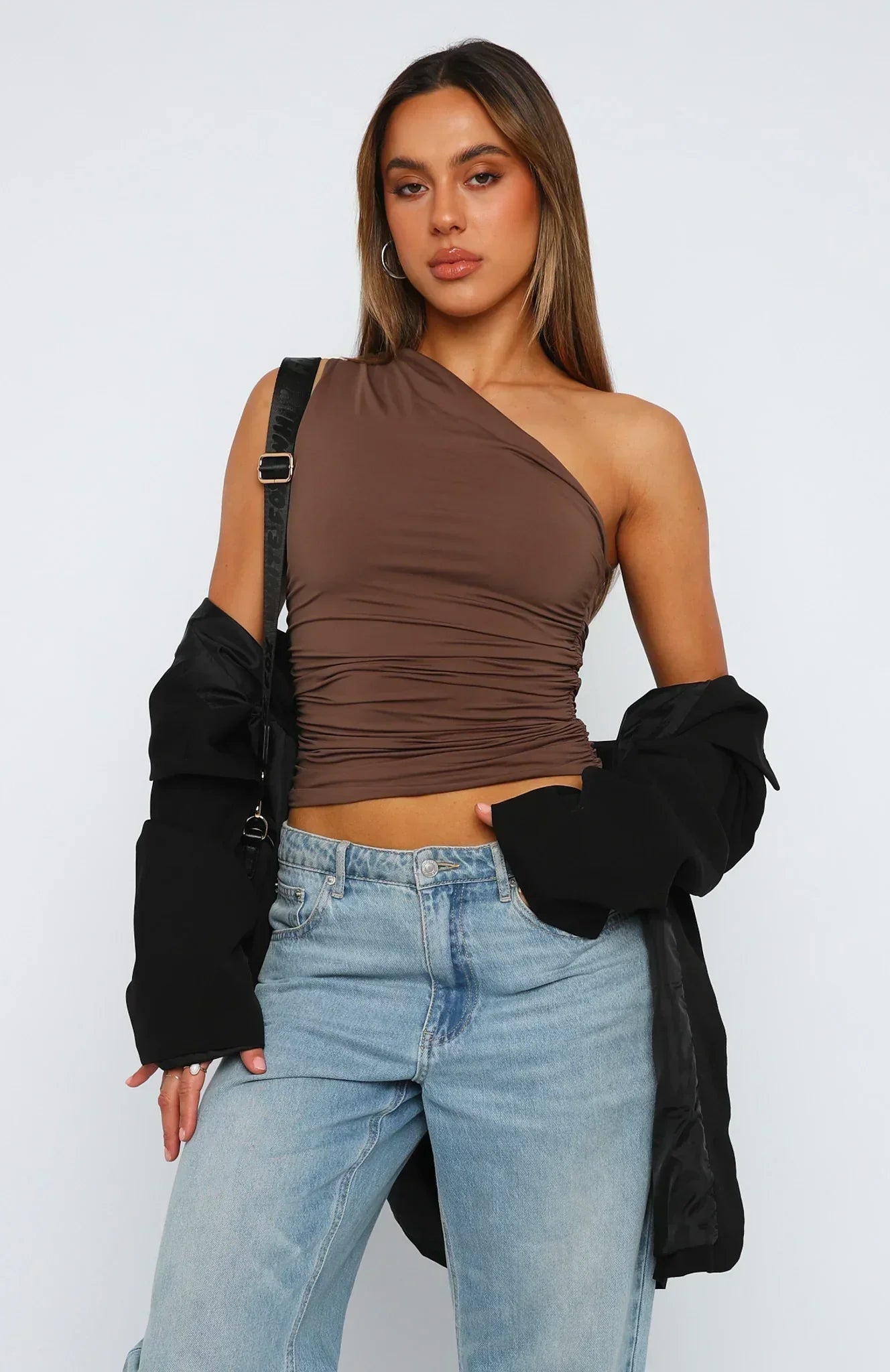 One Shoulder Ruched Burgundy Crop Top
