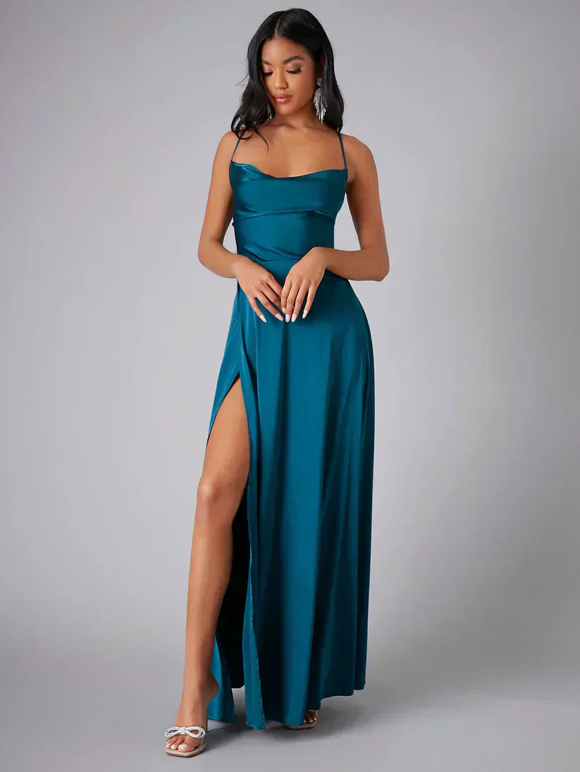 Satin Cowl Neck Maxi Dress with Side Slit