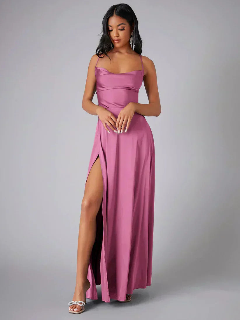 Satin Cowl Neck Maxi Dress with Side Slit