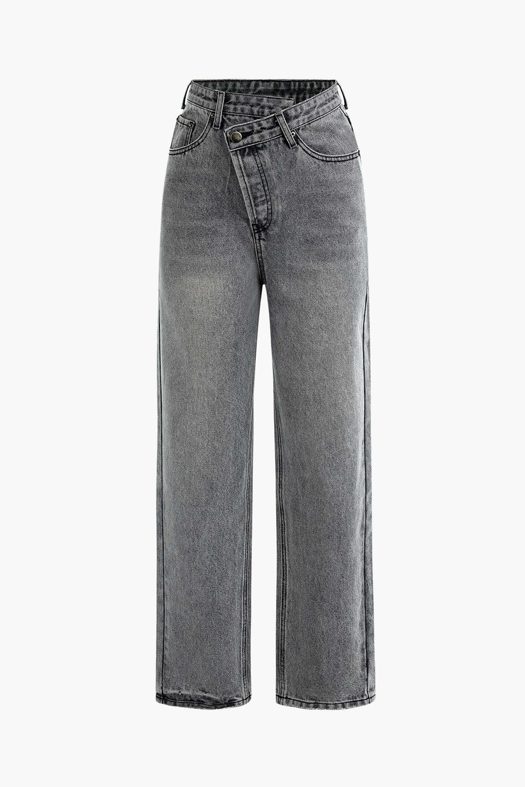 Asymmetric High-Waisted Straight-Leg Jeans in Light Wash Denim