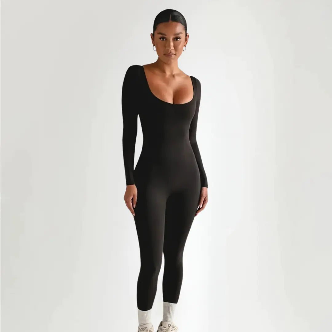 Scoop Neck Long Sleeve Ribbed Jumpsuit