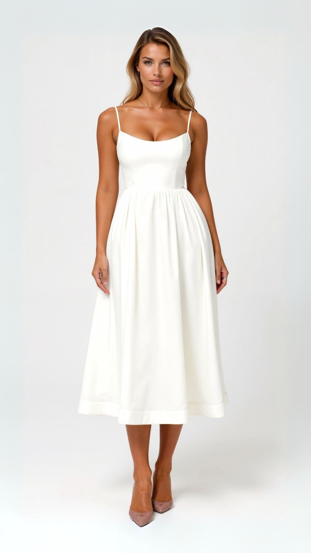Strappy Midi Dress with Fitted Bodice and Flowing Skirt