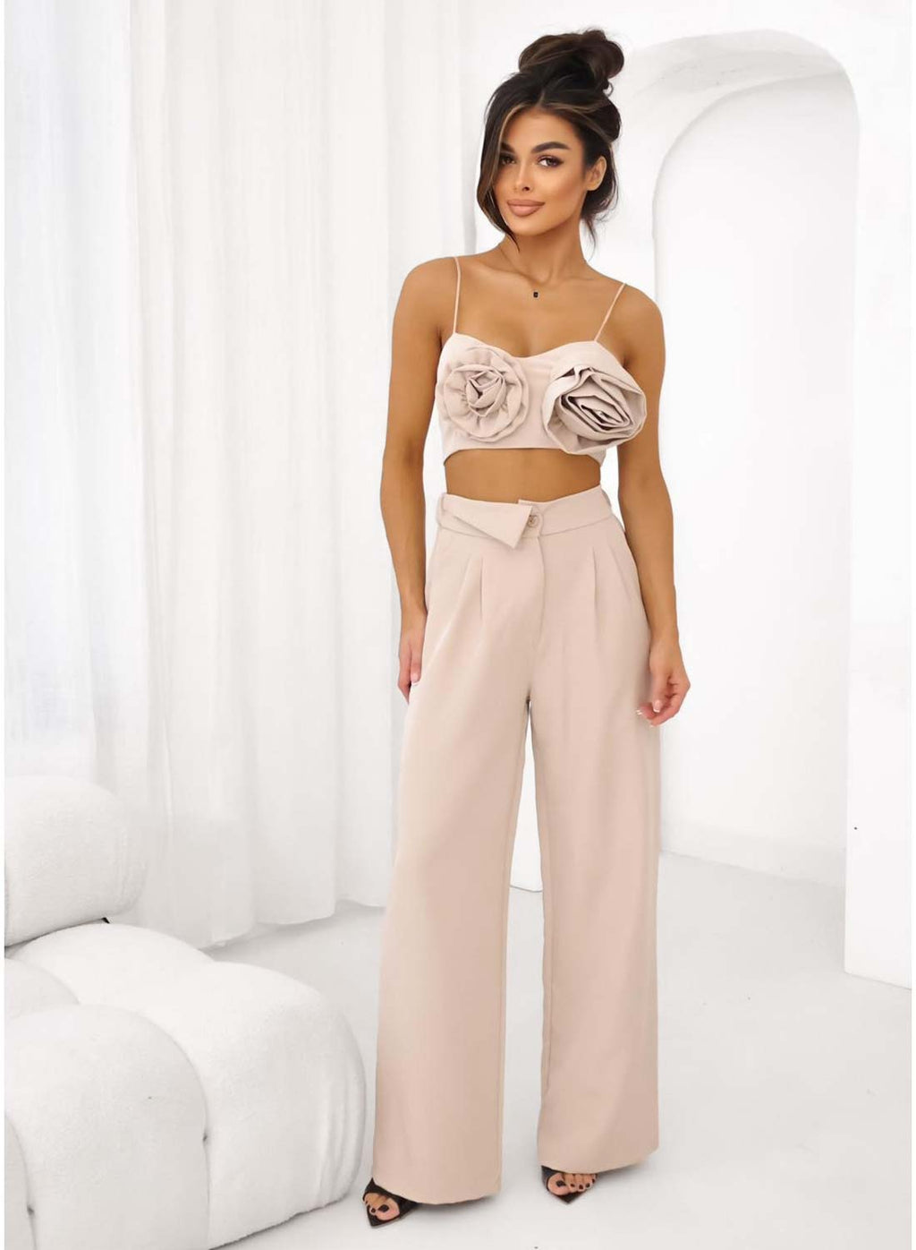 3D Floral Appliqué Crop Top with Spaghetti Straps in Beige