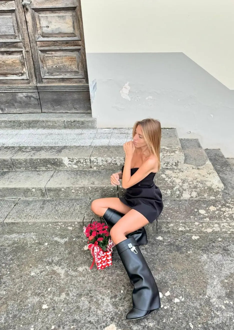 Sculptural Black Wedge Knee-High Boots in Glossy Finish