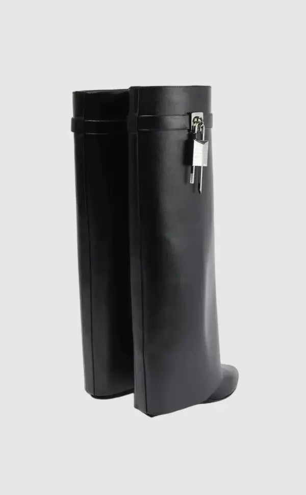 Sculptural Black Wedge Knee-High Boots in Glossy Finish