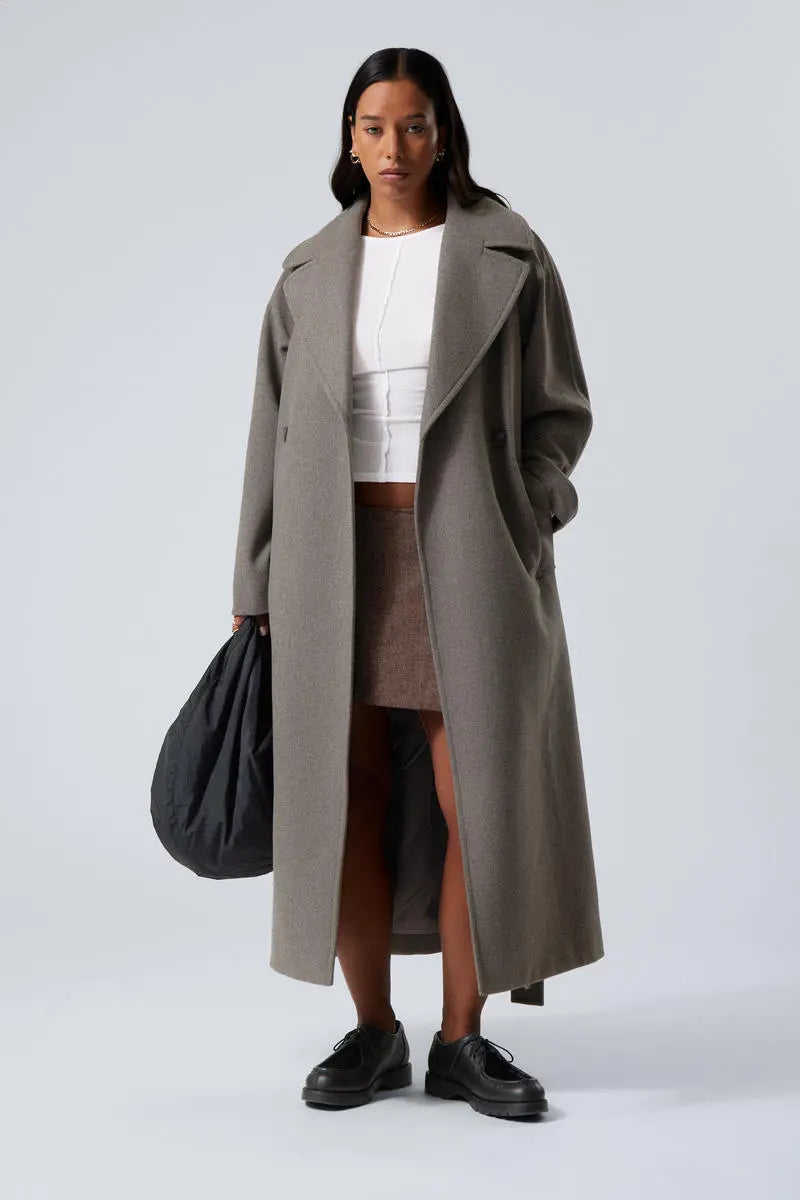 Oversized Double-Breasted Wool Overcoat with Lapel Collar