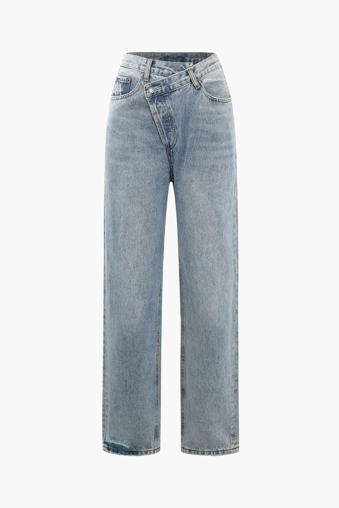 Asymmetric High-Waisted Straight-Leg Jeans in Light Wash Denim
