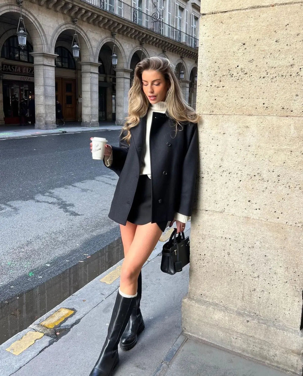 Classic Wool Short Coat with Wide Collar and Button Front