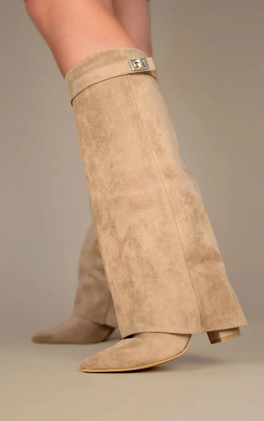 Sculptural Knee-High Wedge Boots in Faux Suede with Buckle Detail