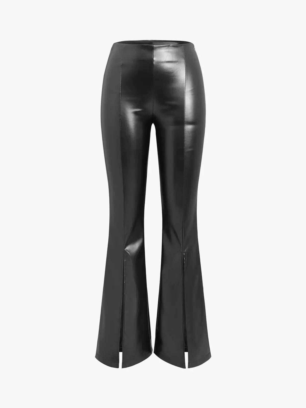 High-Waisted Faux Leather Flared Trousers with Front Slits