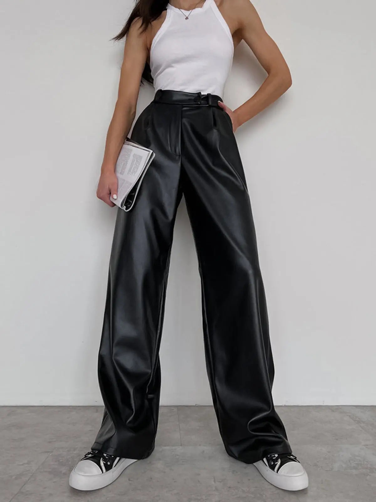 High-Waisted Faux Leather Wide-Leg Trousers – Black | Women's Vegan Leather Pants