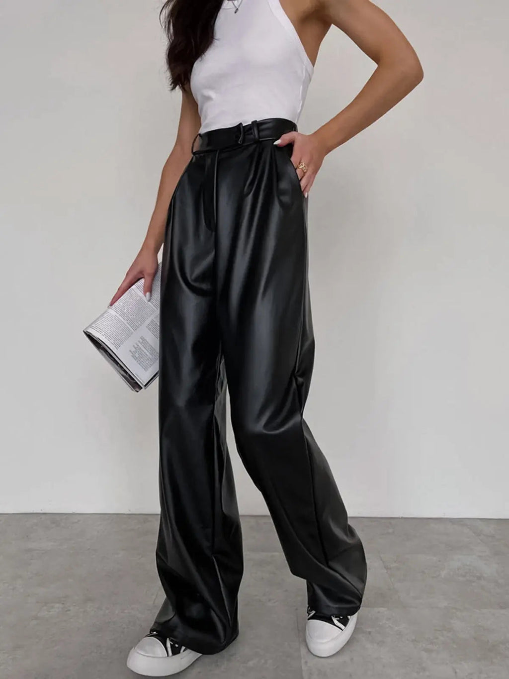 High-Waisted Faux Leather Wide-Leg Trousers – Black | Women's Vegan Leather Pants