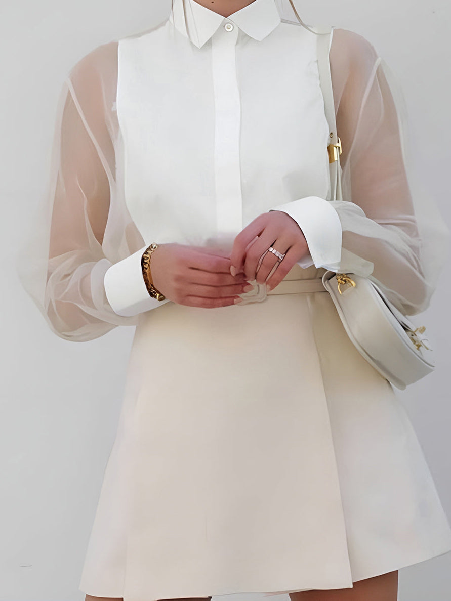 Sheer Sleeve Button-Up Shirt with Structured Mini Skirt