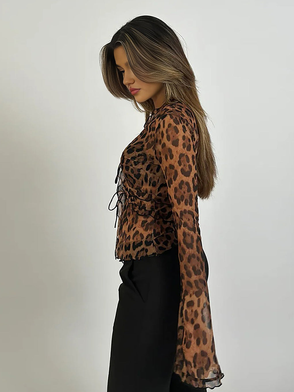 Sheer Leopard Print Long Sleeve Ruffle Tie Top