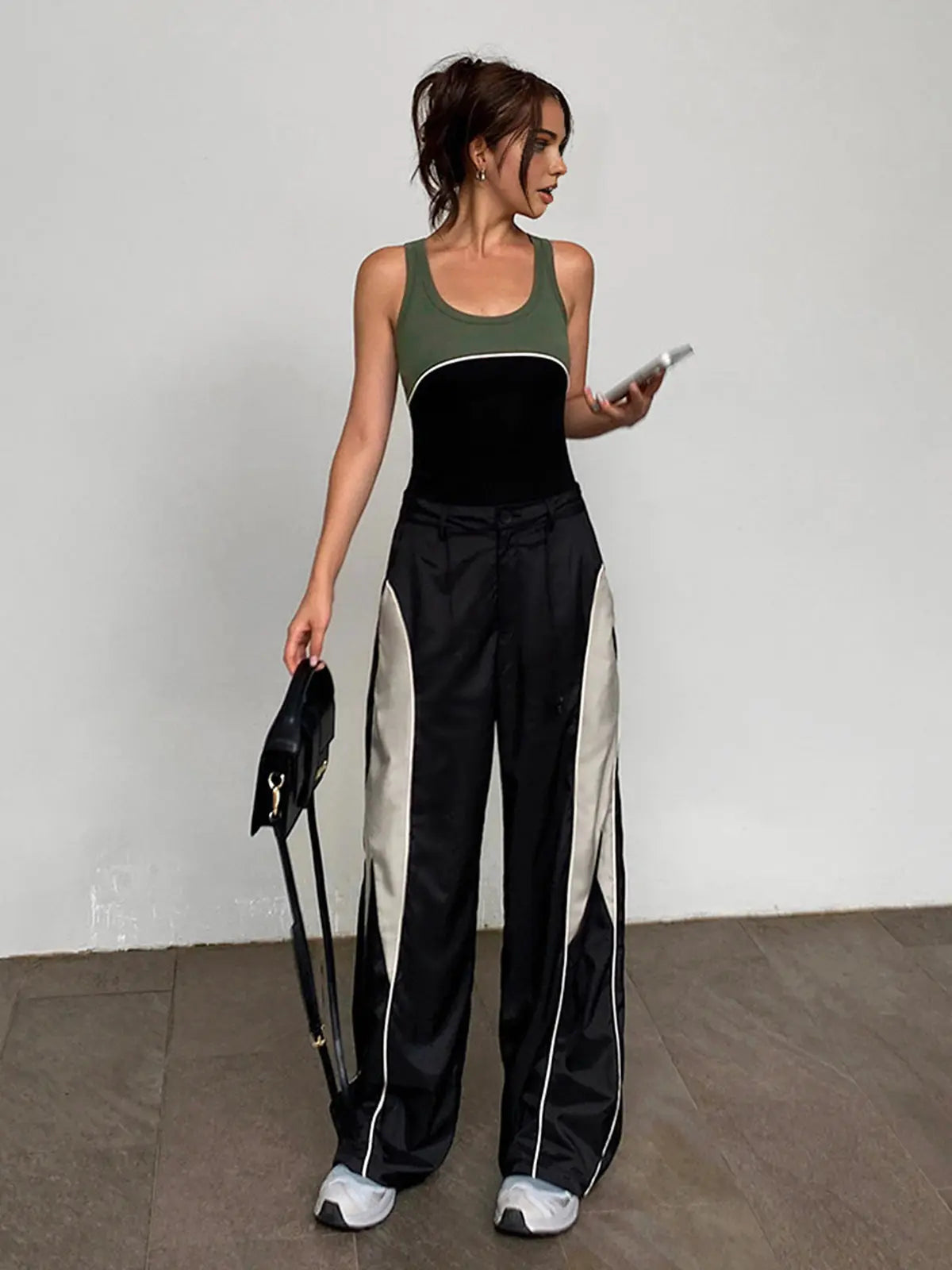 Women's Parachute Trousers – Black and Grey Colourblock Wide-Leg Streetwear Pants