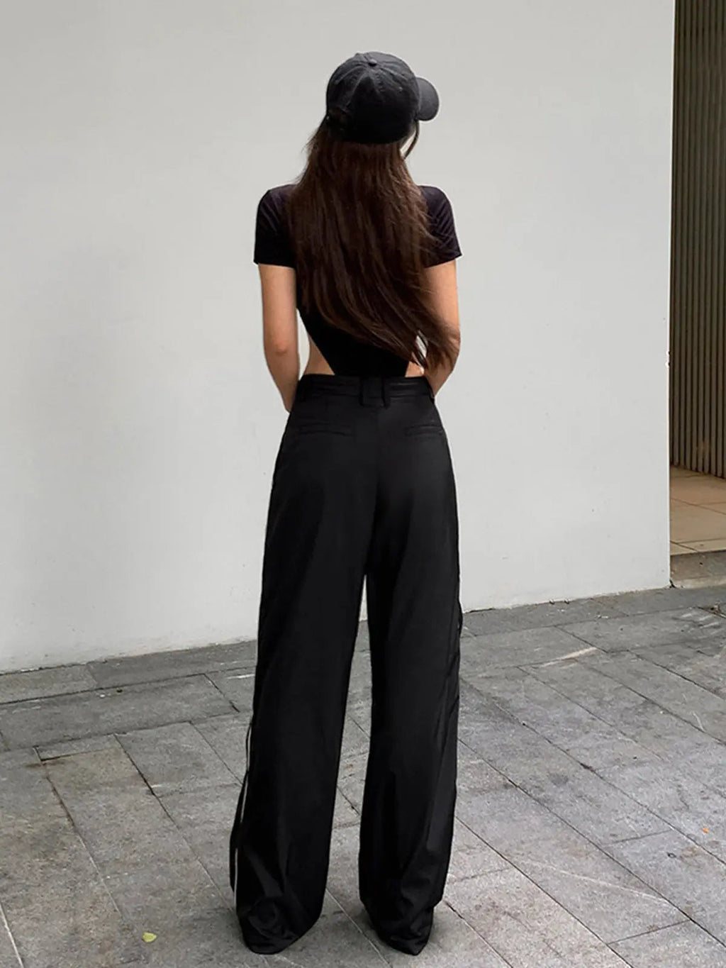 Women's Parachute Trousers – Black and Grey Colourblock Wide-Leg Streetwear Pants
