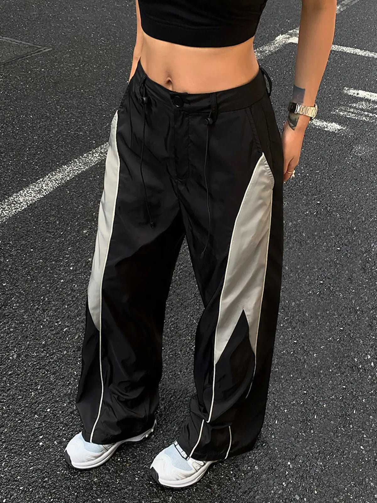 Women's Parachute Trousers – Black and Grey Colourblock Wide-Leg Streetwear Pants