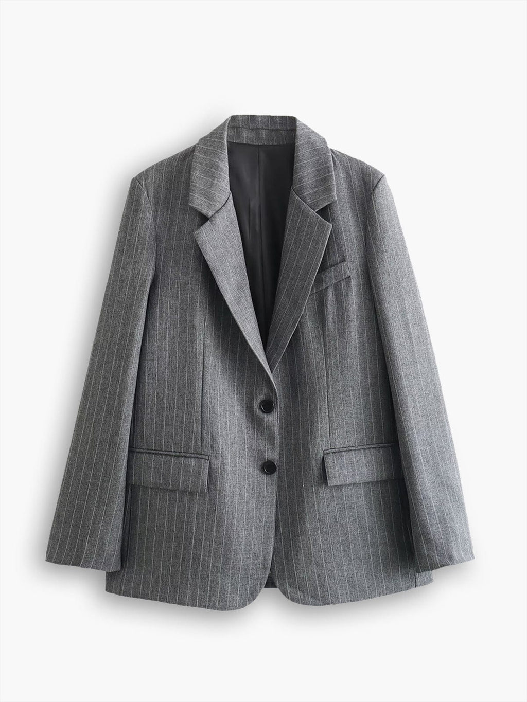 Classic Grey Pinstripe Blazer with Tailored Fit and Flap Pockets