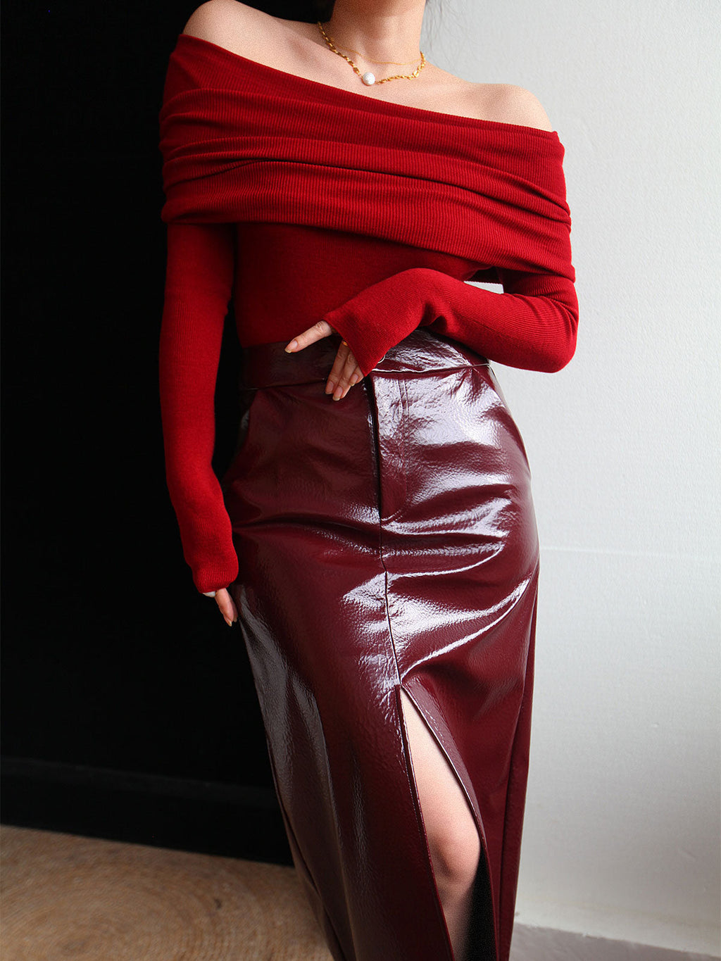 Elegant Off-Shoulder Knit Top – Sophisticated Fold-Over Sweater