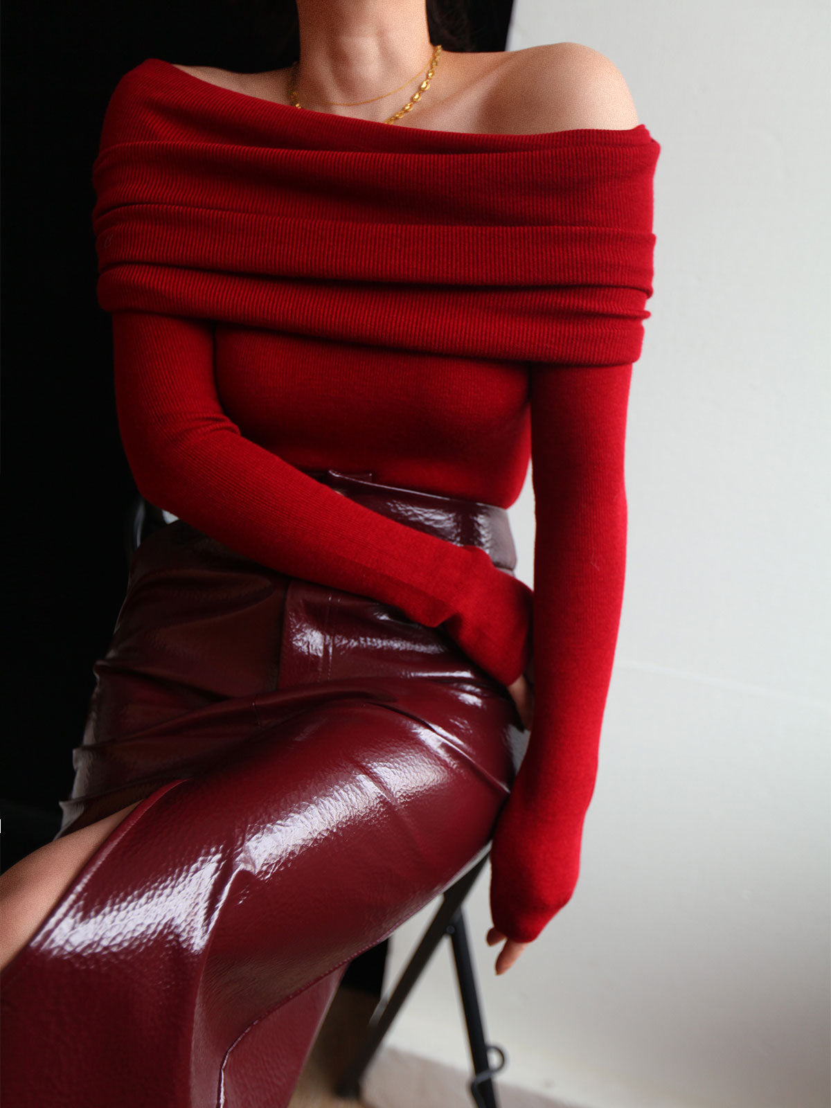 Elegant Off-Shoulder Knit Top – Sophisticated Fold-Over Sweater