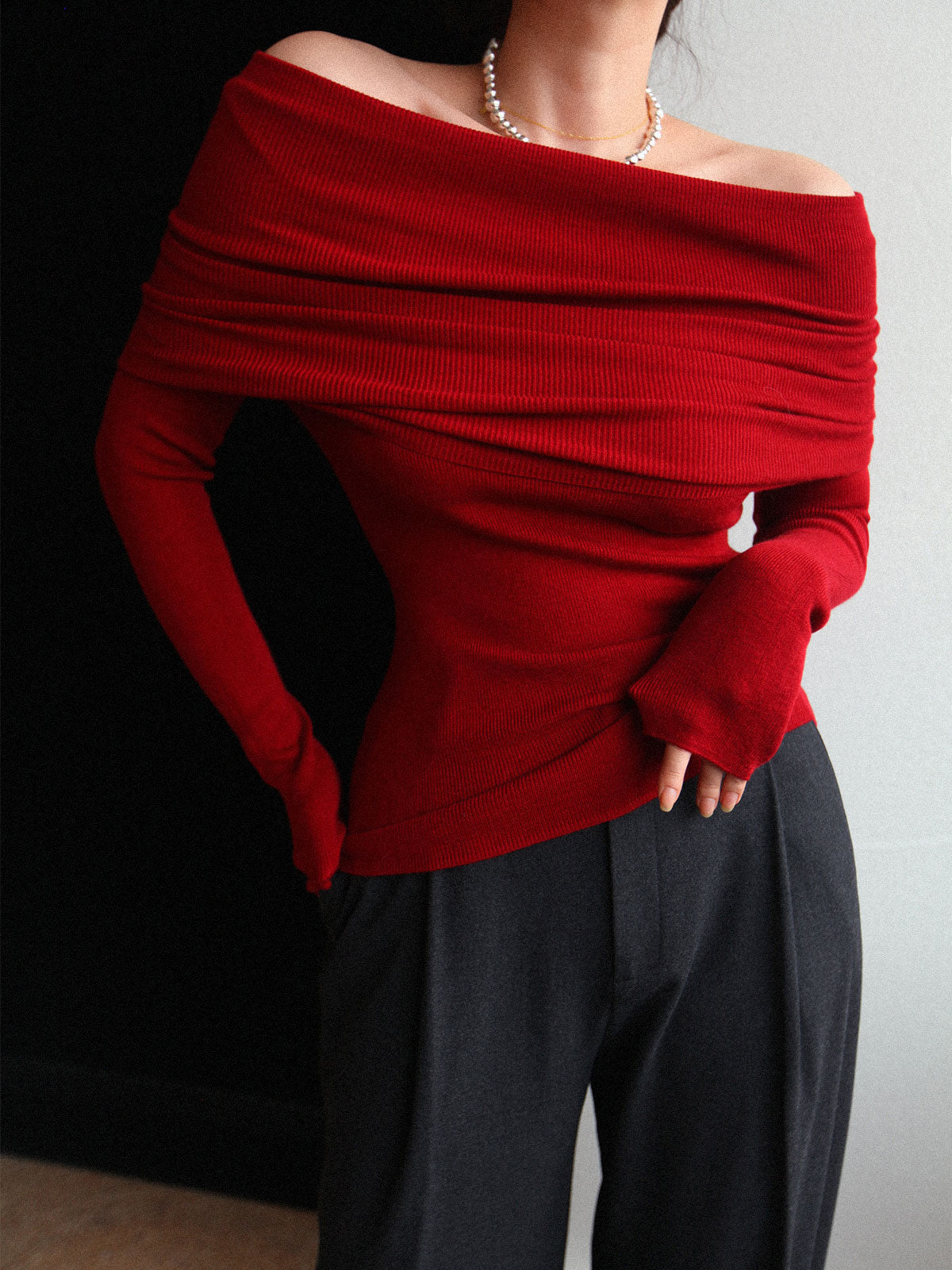 Elegant Off-Shoulder Knit Top – Sophisticated Fold-Over Sweater