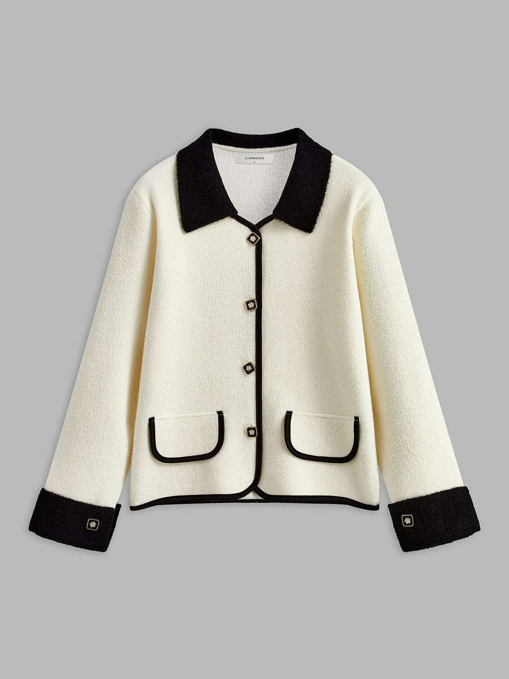 Elegant Contrast Trim Bouclé Jacket with Gold Button Detail