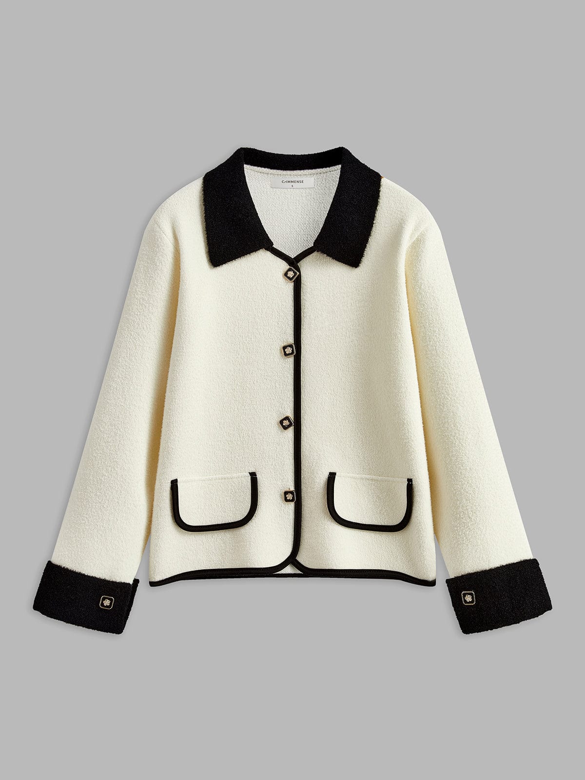 Elegant Contrast Trim Bouclé Jacket with Gold Button Detail