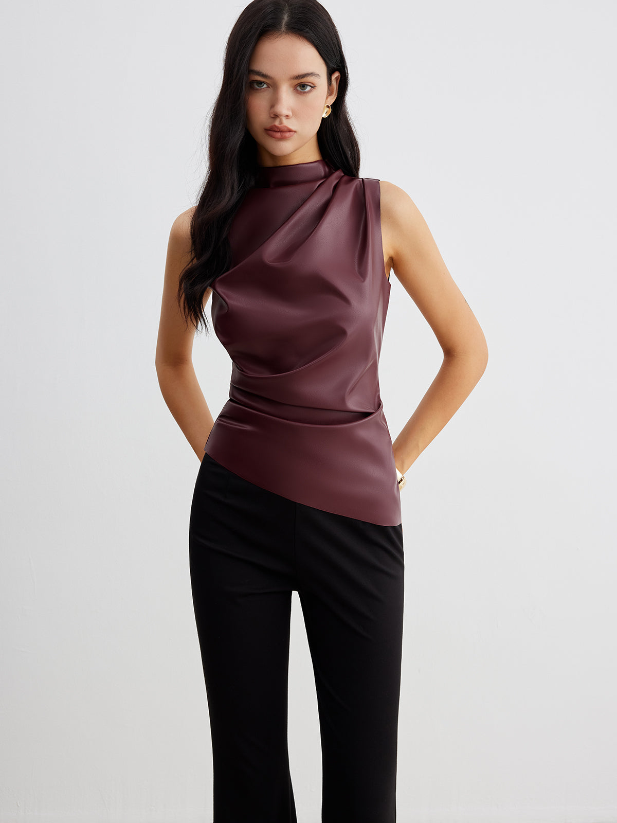 Sleeveless Faux Leather Drape Top with High Neck