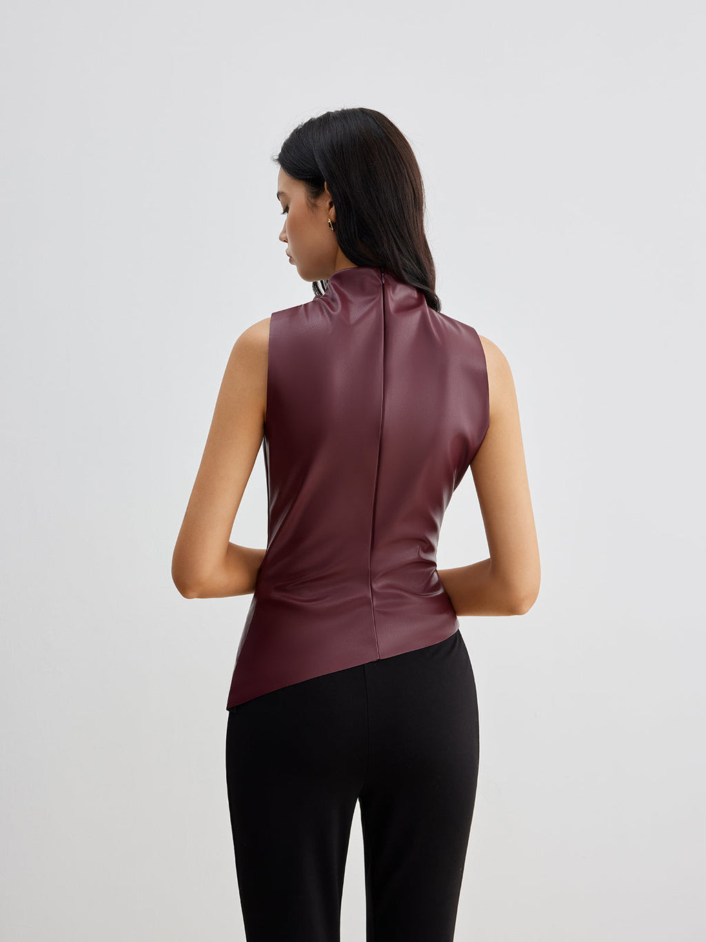 Sleeveless Faux Leather Drape Top with High Neck