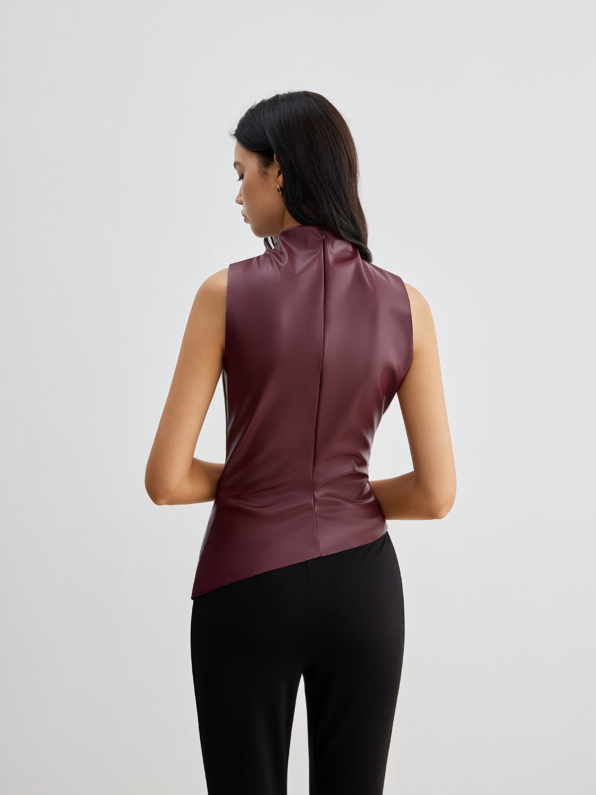 Sleeveless Faux Leather Drape Top with High Neck