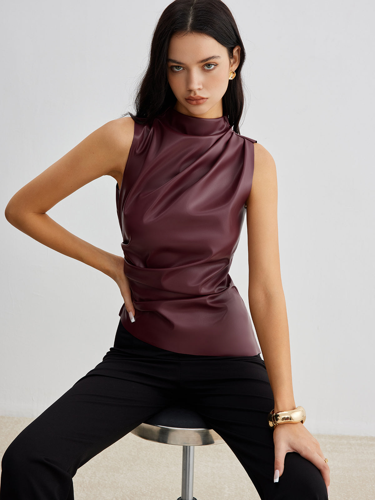 Sleeveless Faux Leather Drape Top with High Neck