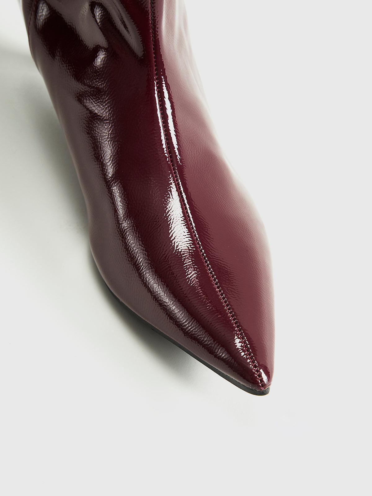 Burgundy Patent Knee-High Boots with Pointed Toe and Kitten Heel