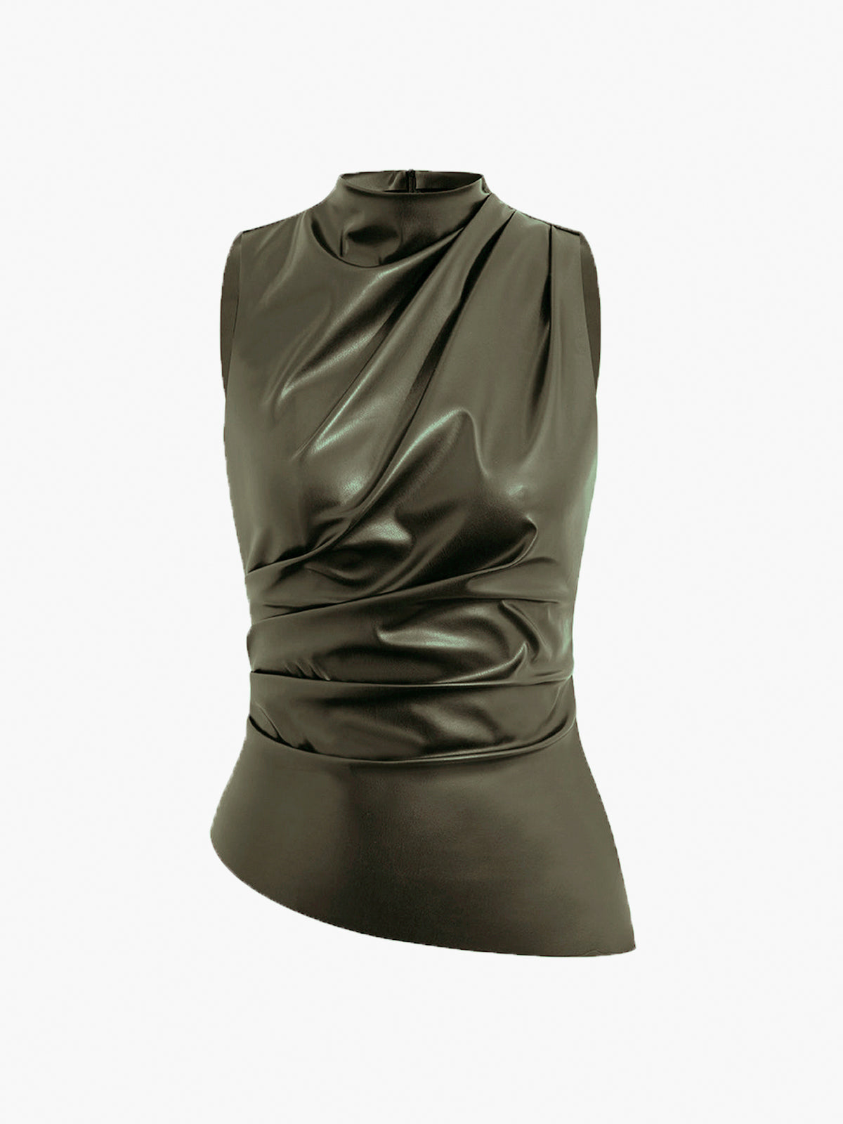 Sleeveless Faux Leather Drape Top with High Neck