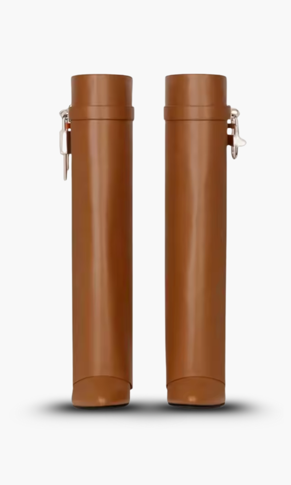 Sculptural Black Wedge Knee-High Boots in Glossy Finish