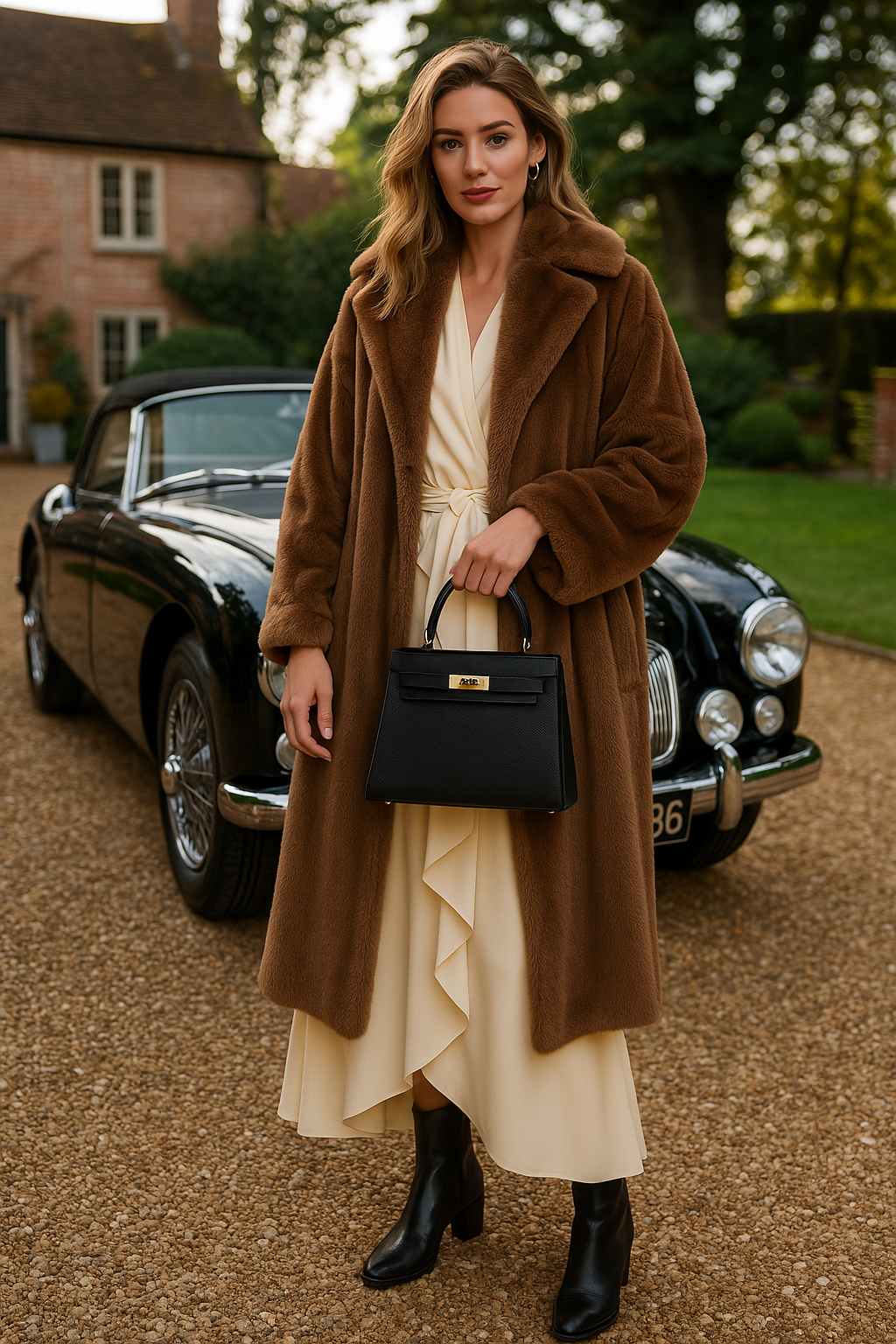 Structured Top Handle Leather Handbag with Gold Lock