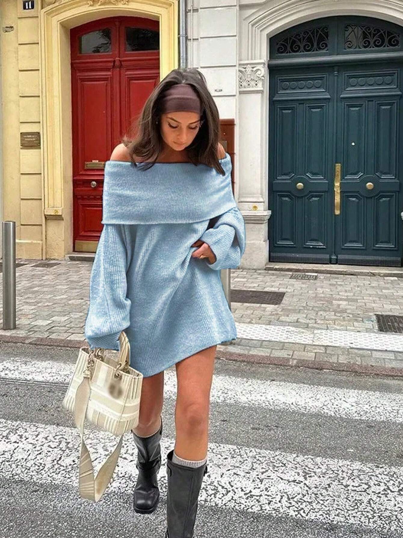 Off-Shoulder Ribbed Knit Top for Women – Elegant Fold-Over Neckline