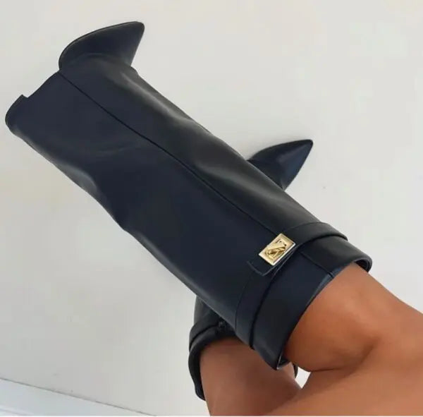Sculptural Knee-High Wedge Boots in Faux Suede with Buckle Detail
