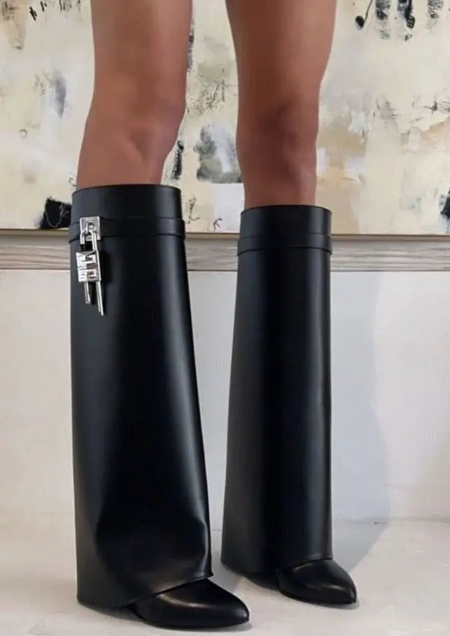 Sculptural Black Wedge Knee-High Boots in Glossy Finish