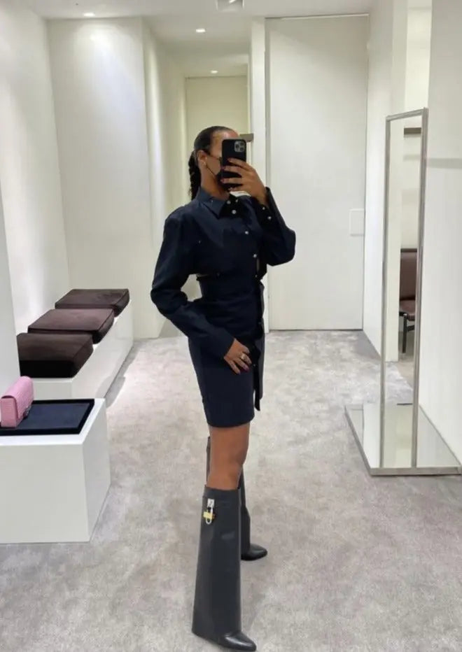 Sculptural Black Wedge Knee-High Boots in Glossy Finish