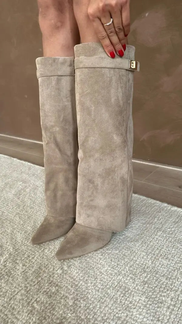 Sculptural Knee-High Wedge Boots in Faux Suede with Buckle Detail