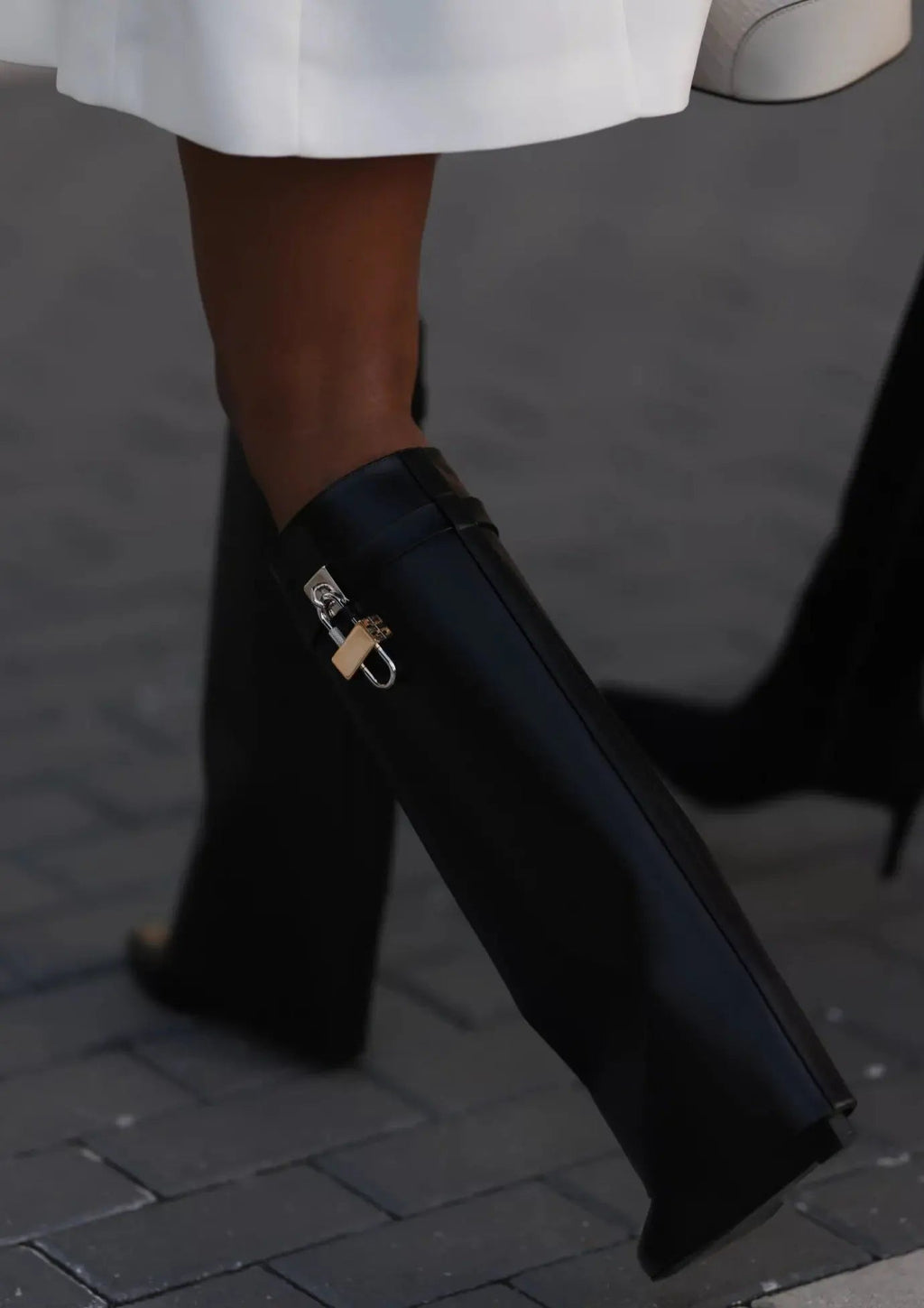 Sculptural Black Wedge Knee-High Boots in Glossy Finish