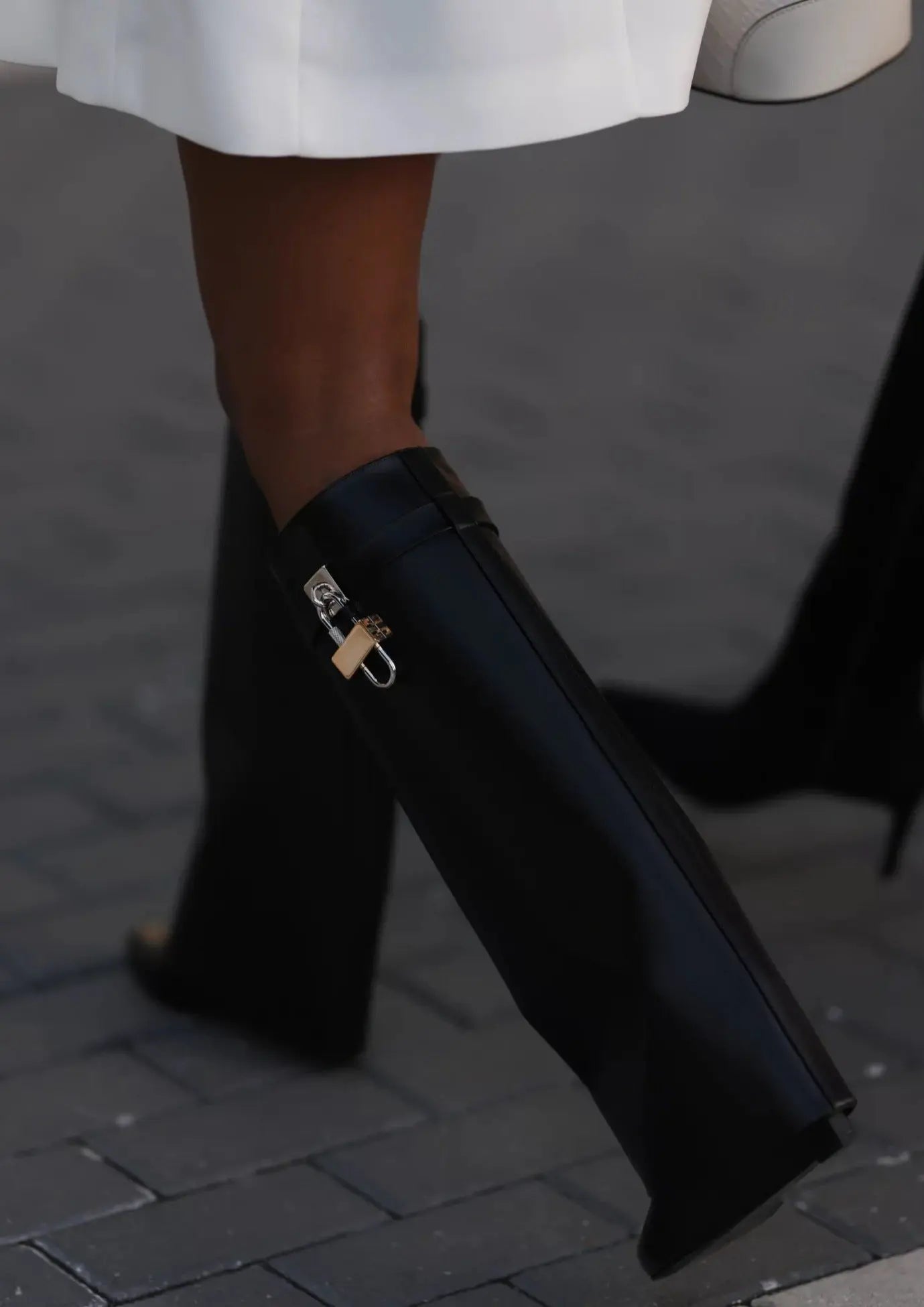 Sculptural Black Wedge Knee-High Boots in Glossy Finish