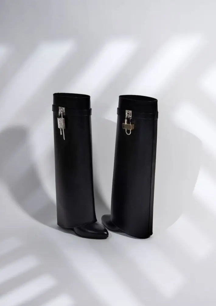 Sculptural Black Wedge Knee-High Boots in Glossy Finish