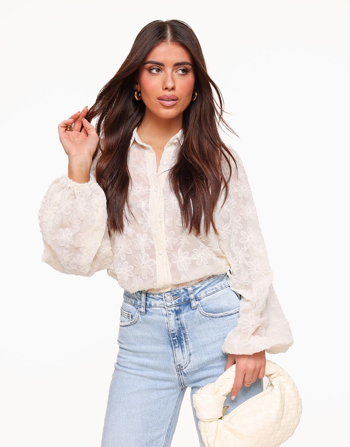 White Sheer Embroidered Floral Blouse with Balloon Sleeves