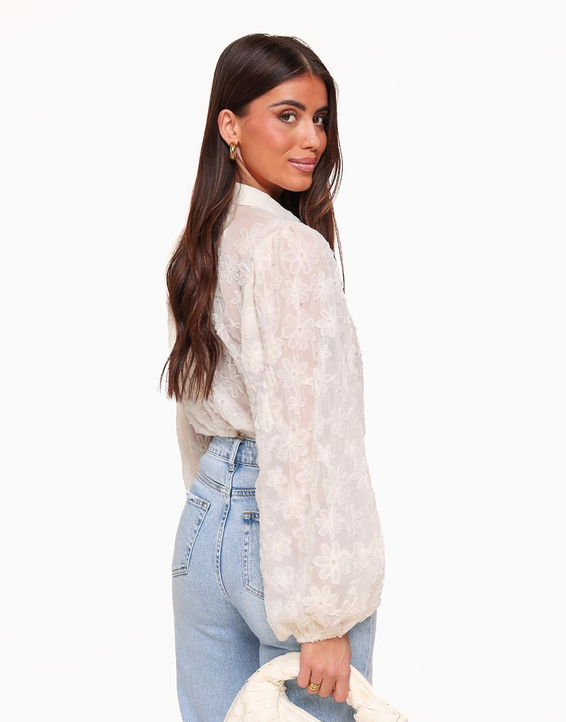 White Sheer Embroidered Floral Blouse with Balloon Sleeves