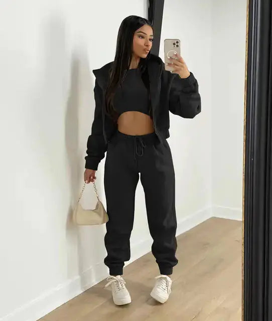 Three-Piece Loungewear Set with Cropped Hoodie, Bralette and Joggers