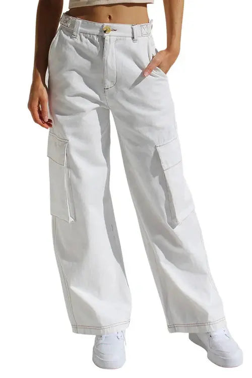 High-Waisted Wide-Leg Cargo Trousers – Light Grey | Women's Utility Pants