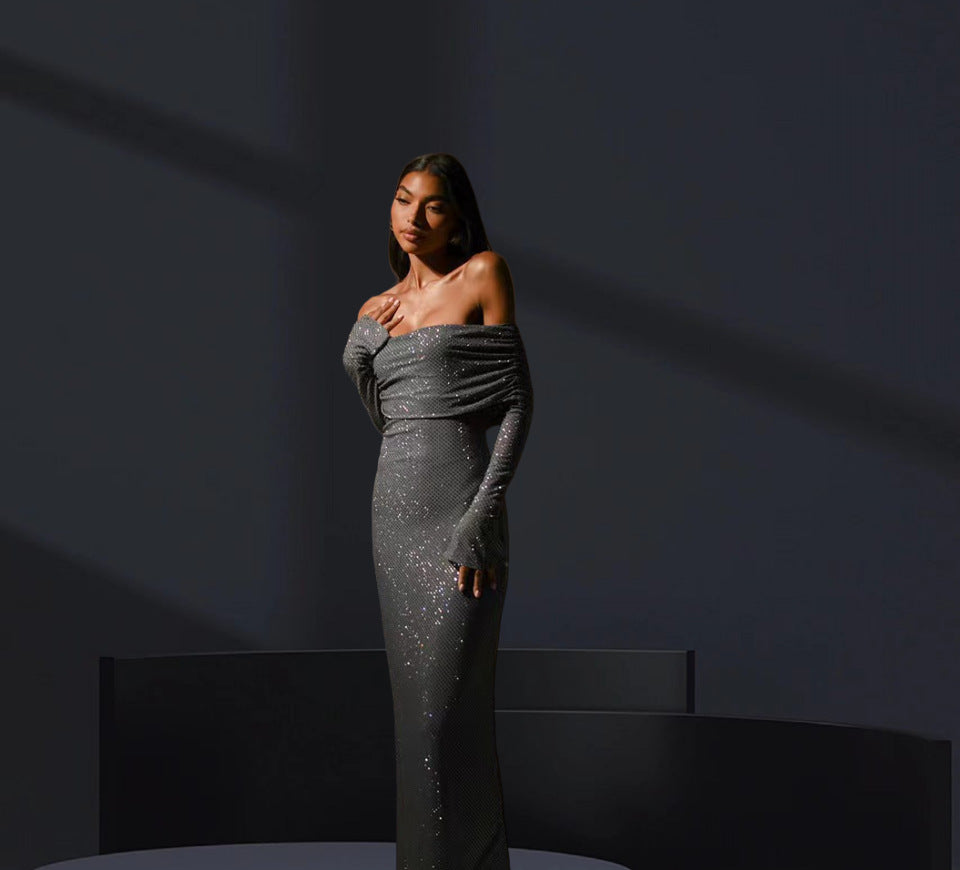 Off-Shoulder Flounce Sleeve Sequin Maxi Dress